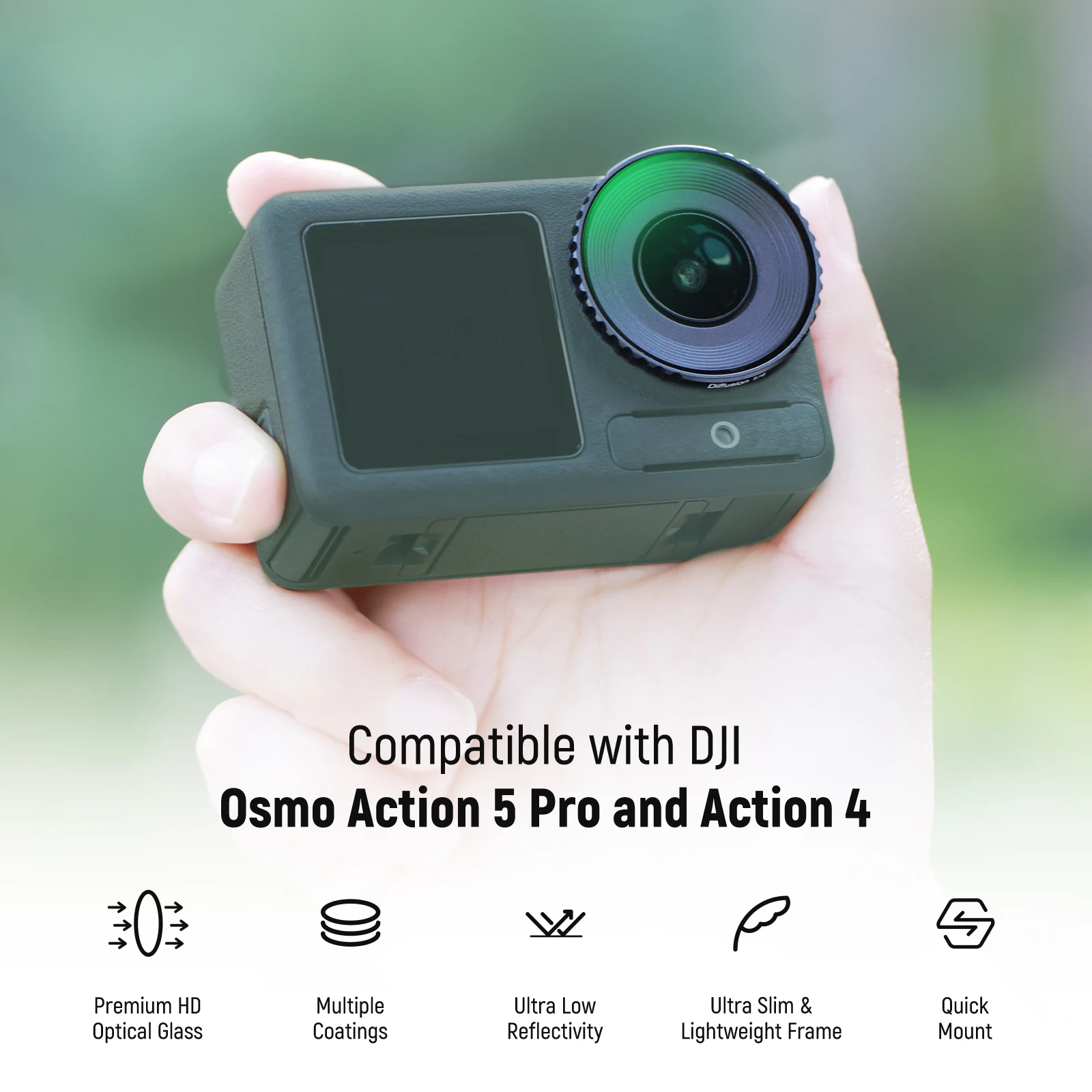 مجموعة مرشح NEEWER ND متوافقة مع DJI Osmo Action 5 Pro/4، متغيرة ND8-32+ CPL + فلتر توزيع الضباب الأسود 1/4