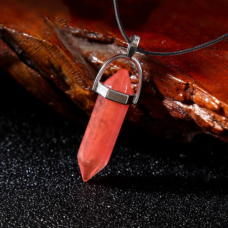 Natural stone Opal lapis amethyst Pink Crystal Stone Hexagonal Column Pendant Necklaces Leather Chains Necklace Fashion Jewelry