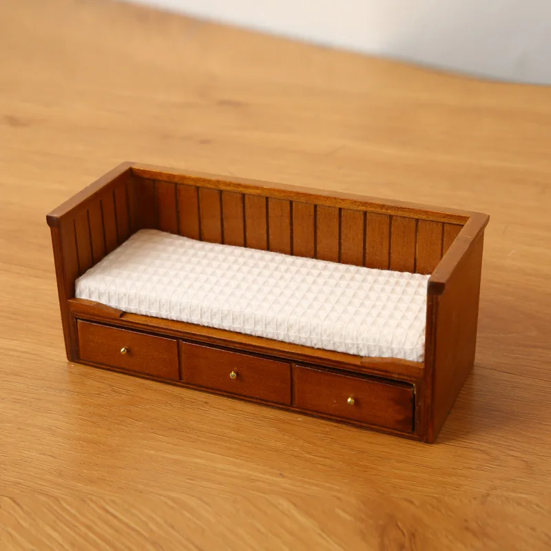 1:12 Dollhouse Walnut Vintage Single Bed Retro Wooden Bedroom Furniture Scale Miniature Mini Scene
