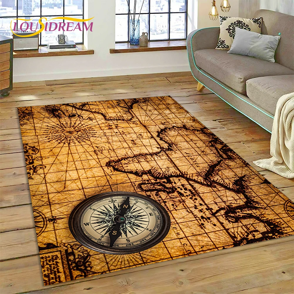 Ancient Nautical Chart World Map Compass Rug Carpet for Living Room Bedroom Decor,Floor Mat Non-slip Decoration for Sofa Doormat