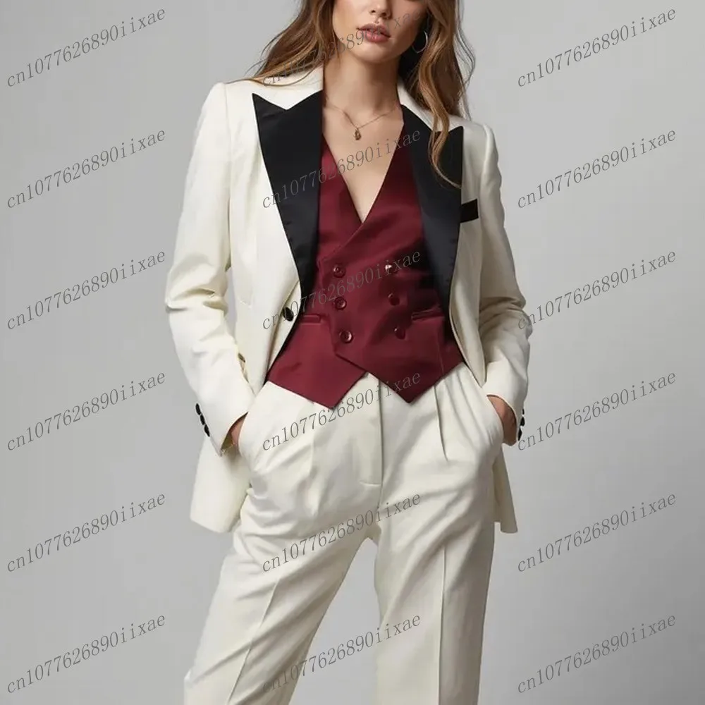 

White Burgundy Black Women Suits Lady Business Office Tuxedos Mother Wedding Party Formal Ladies 3 Piece Set Jacket Vest Pants