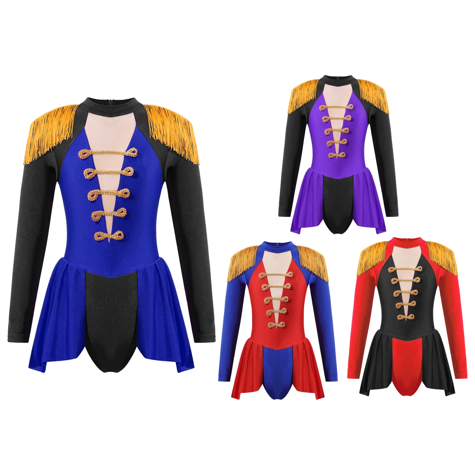 Halloween Circus Cosplay Drum Major Costume Kids Girls Long Sleeve Tassel Epaulet Short Jumpsuit with Skirt Coattails Dancewear