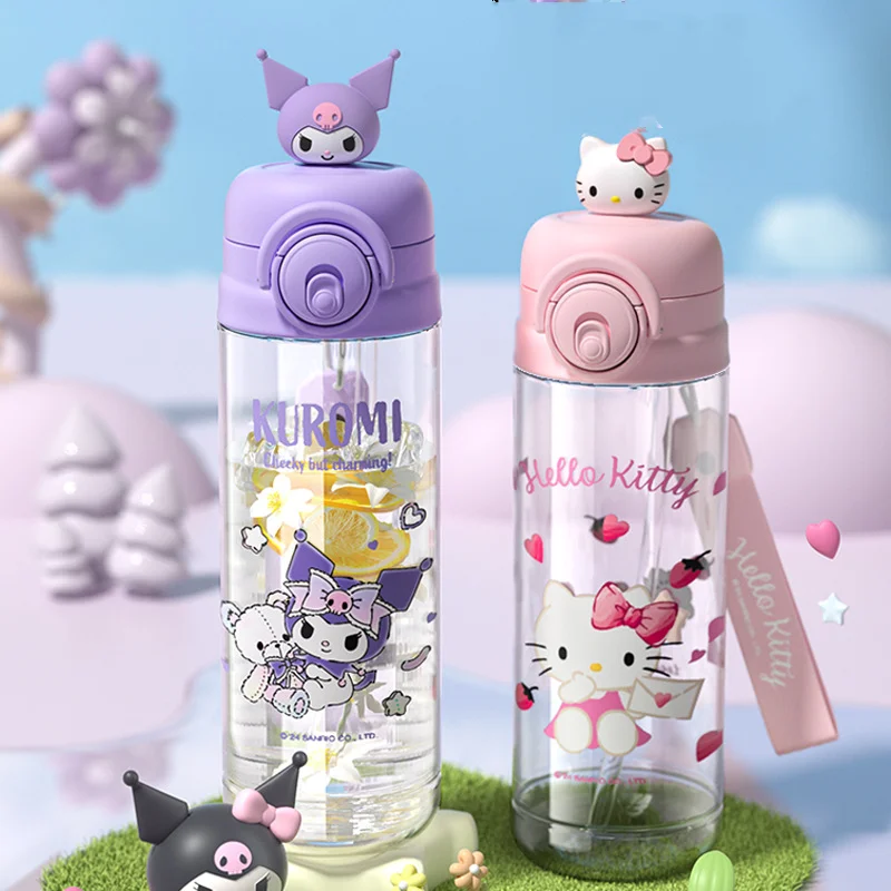 

New 580Ml Sanrio Hello Kitty Straw Water Bottle Cartoon Anime Portable Children Drink Cups for Home School Travel Birthday Gift