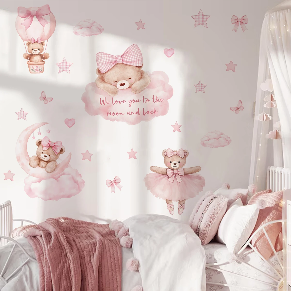 Cartoon Pink Bear We Love You... Clouds Star Nursery Wall Sticker Vinyl Child Room Art Decal Kids Room Bedroom Living Home Decor