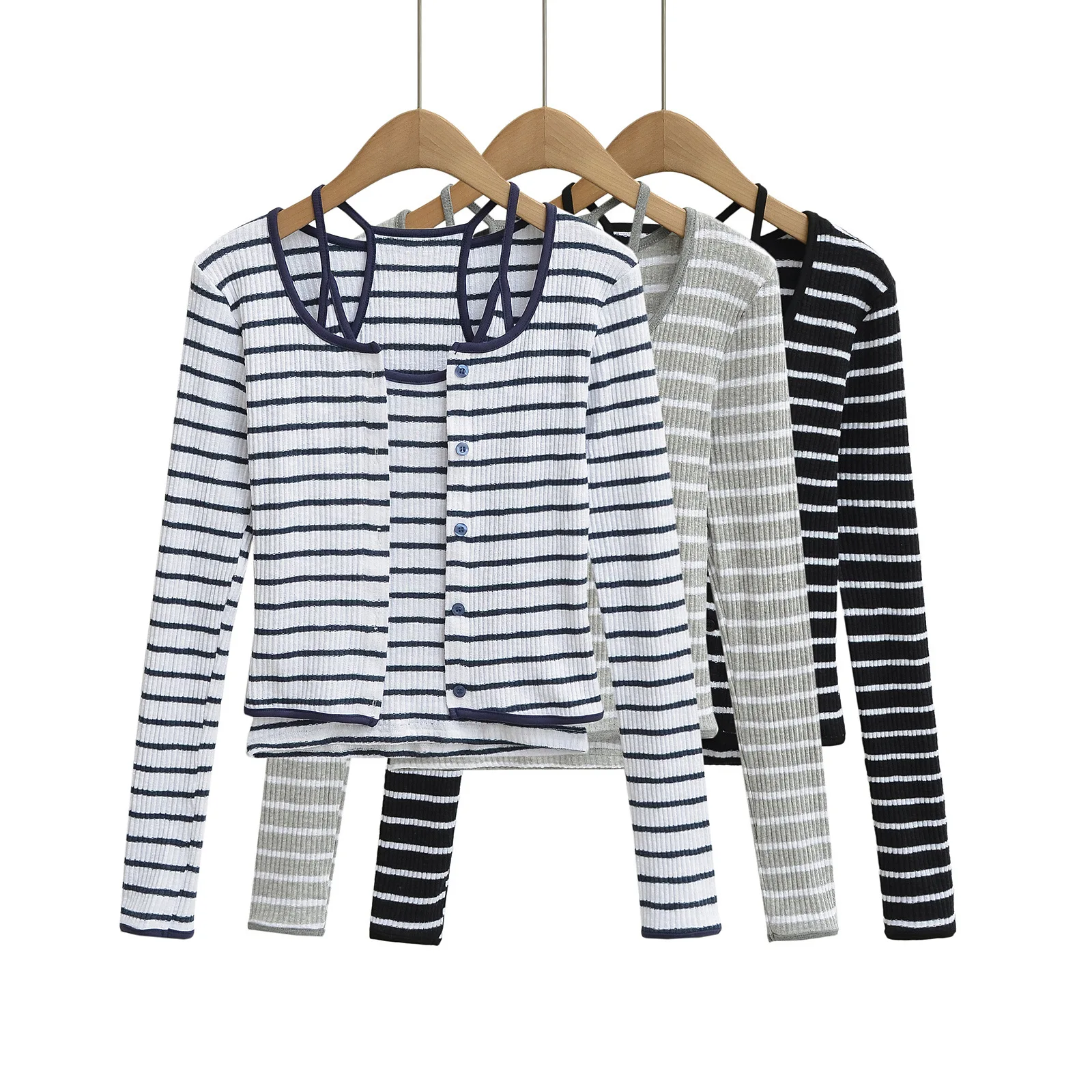 Korean girl group striped long-sleeve outfit  new hot girl style narrow-shoulder camisole + long-sleeve cardigan jacket   MV