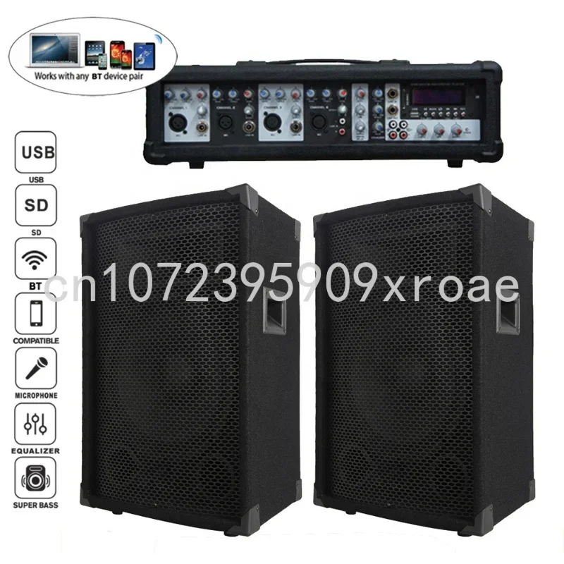 Professional Audio Subwoofer, PA Speaker System, BT, TWS, Karaoke Sets, 4 Channel Powered Mixer Sound Box, 1200W, 2X15\