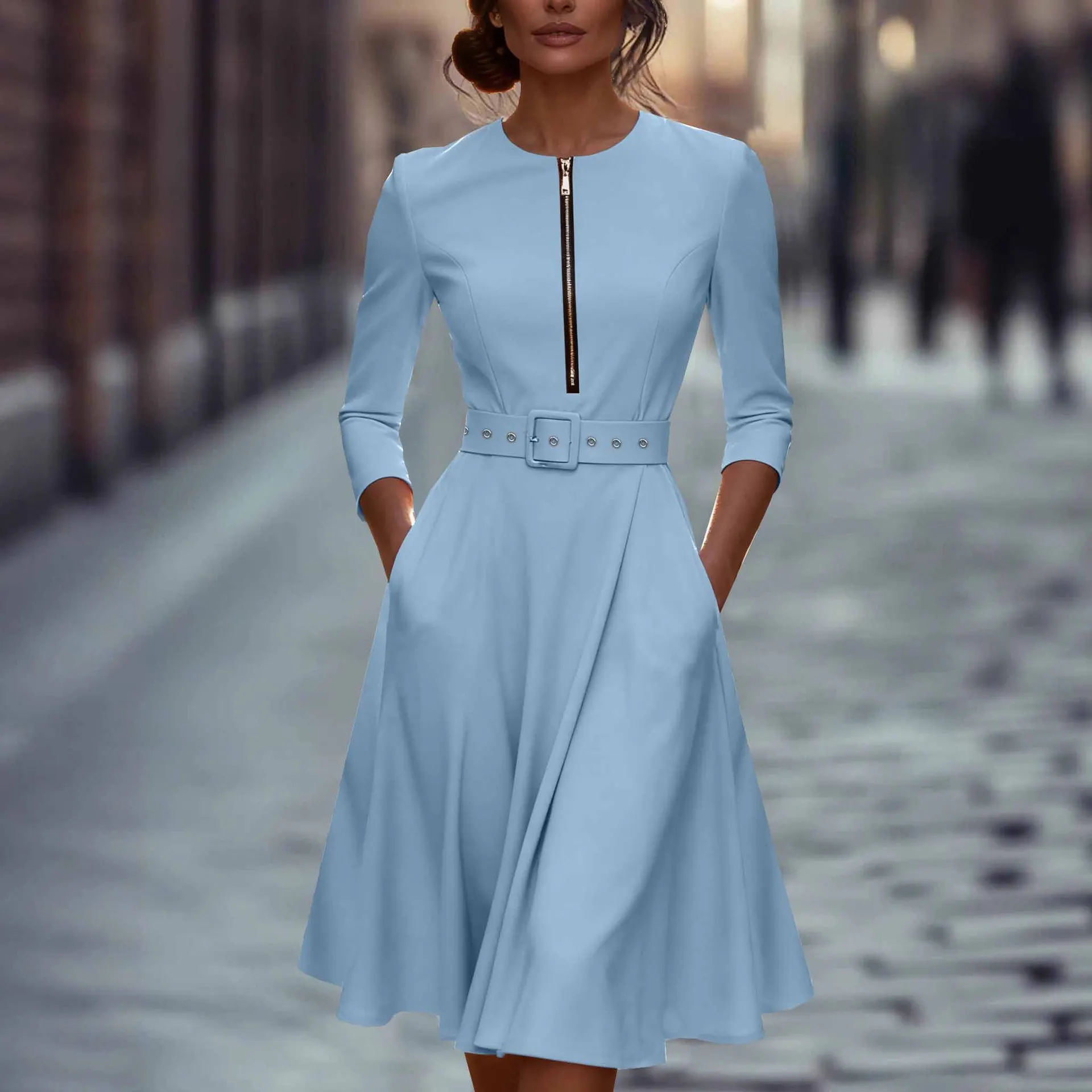 2025 Spring and Autumn 7-quarter Sleeve Zipper Pocket Dress with Belt