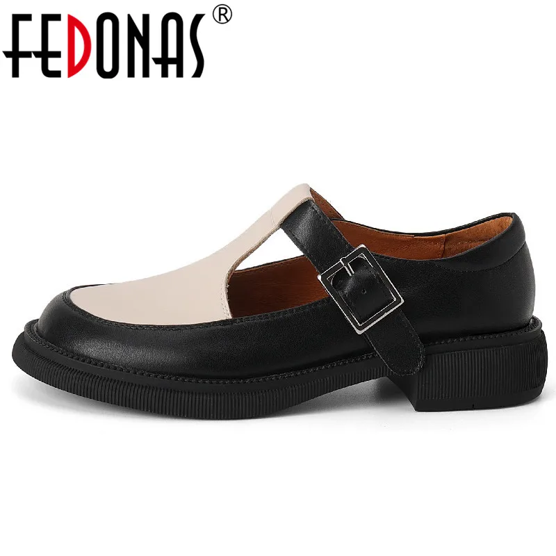 FEDONAS Retro mieszane kolory kobiety pompy t-strap prawdziwej skóry klamry platformy grube obcasy buty kobieta wiosna lato Casual