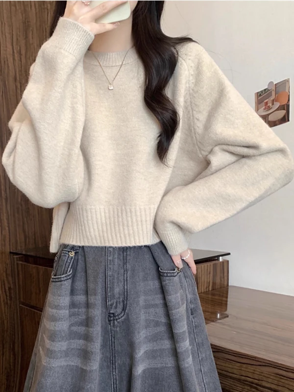 

Soft Cozy round Ne ort Knitted Sweater Women's Autumn Winter Loose Long Sve Faionable Slimming Top Korean Sle