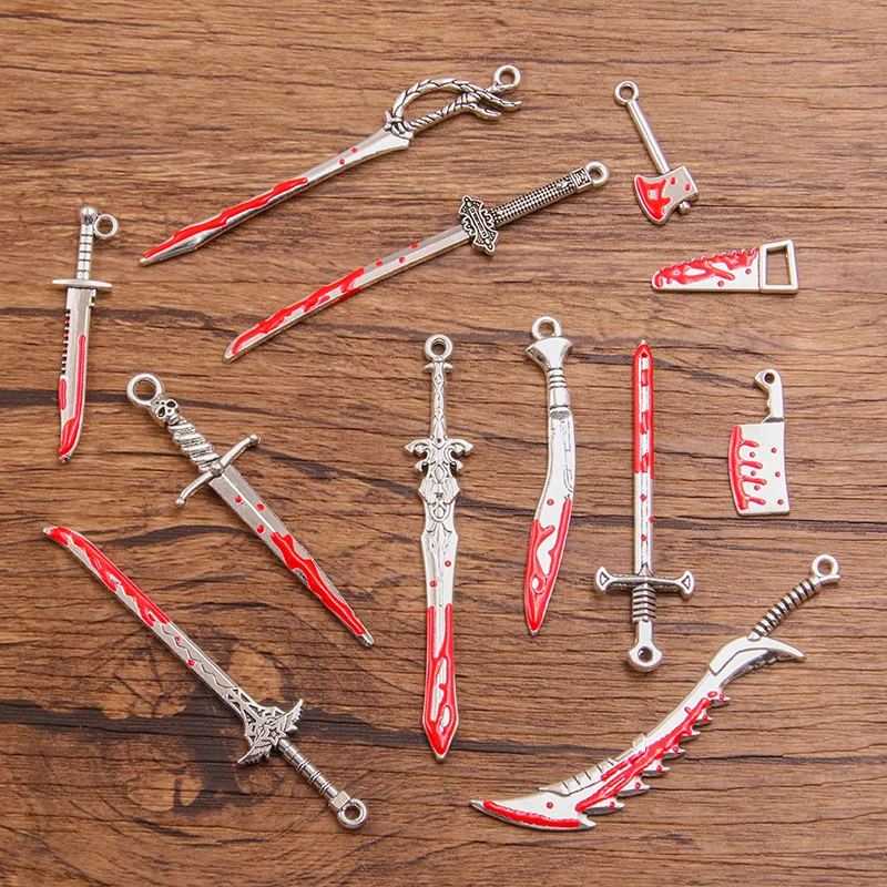 10PCS 13 Styles Mix Alloy Hallween Masquerade Party Game Performance Supplies Prank Scary Props Sharp Bloods Knife Sword Pendant