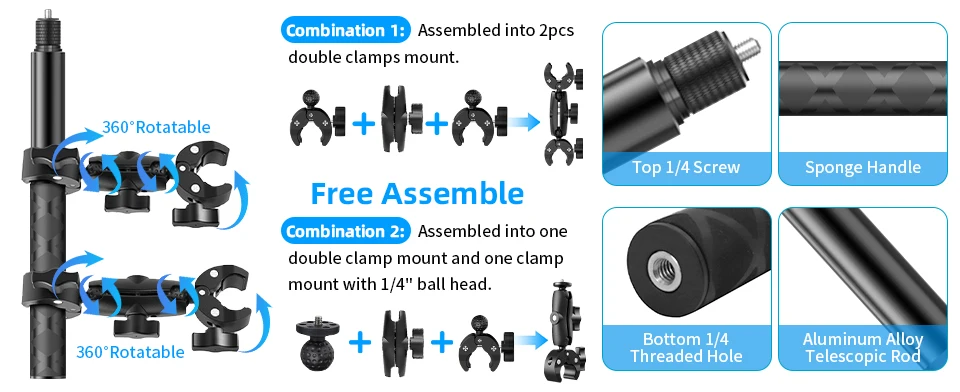 Motorrad-Halterungskit für Insta360 X5 X4 X3 X2 RS DJI GoPro Doppelklemme Lenker-Selfie-Stick für Insta 360 Halterungszubehör – Detail 2