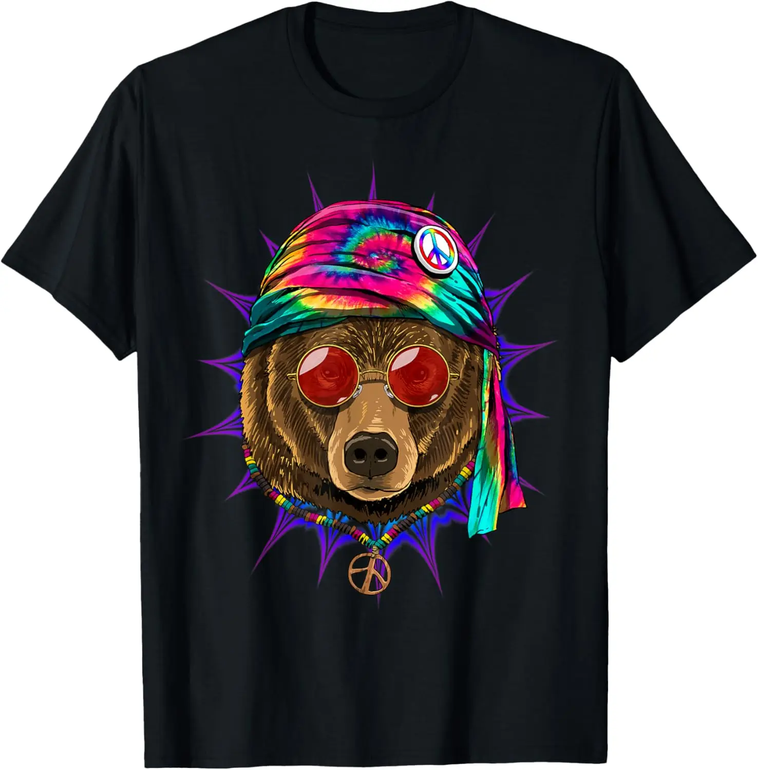 

Tie Dye Hippie Bear Peace Sign Graphic T-Shirt Men Casual Cotton Short Sleeve Tee
