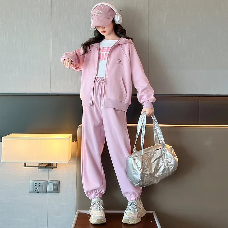 

2025 Spring Autumn School Girl Tracksuit Teenager Girl Hooded Zipper Casual Jacket+Sweatpants Sets Children Girls Sport Sets