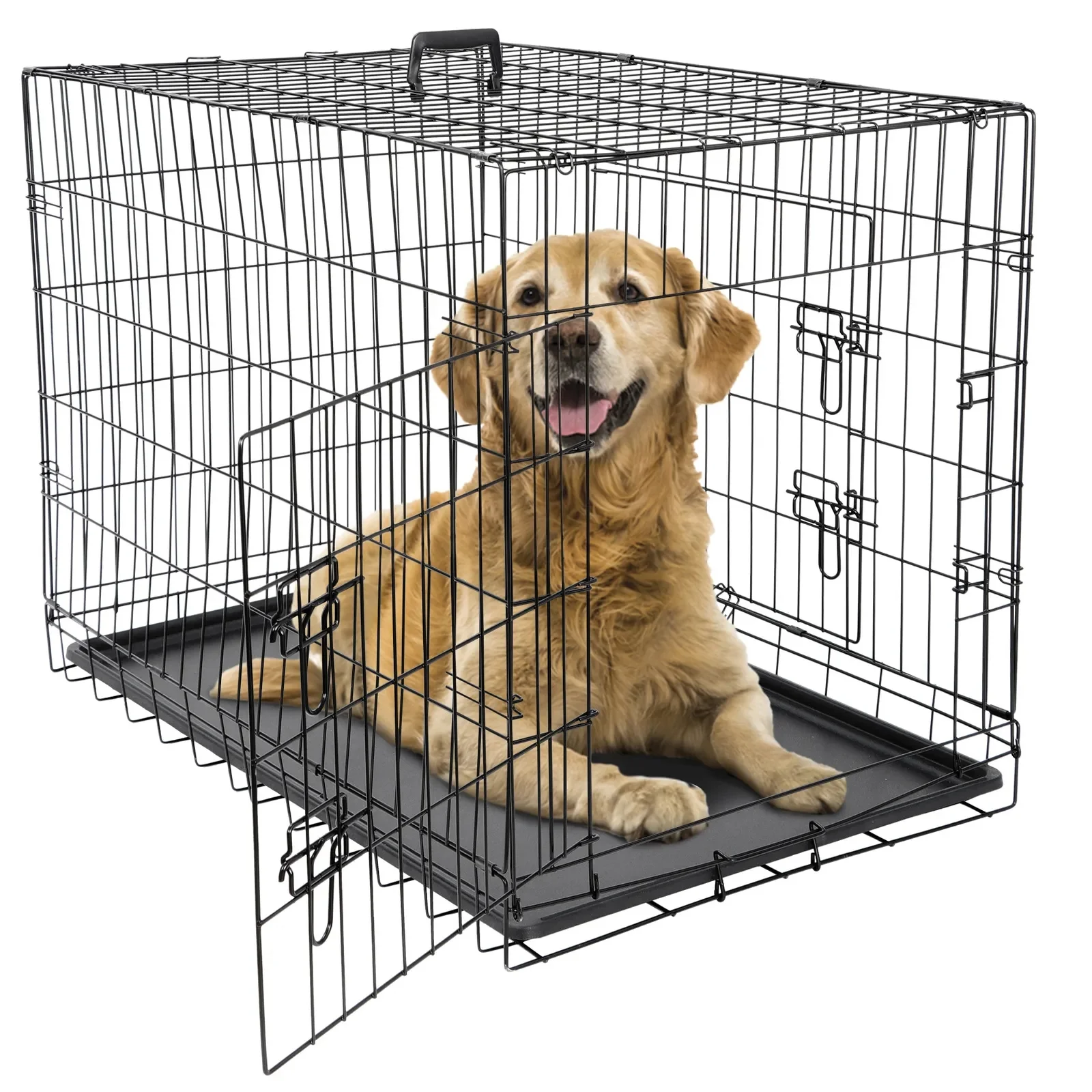 

24" 30" 36" Dog Crate Kennel Folding Metal Pet Cage 2 Door With Tray Pan Black