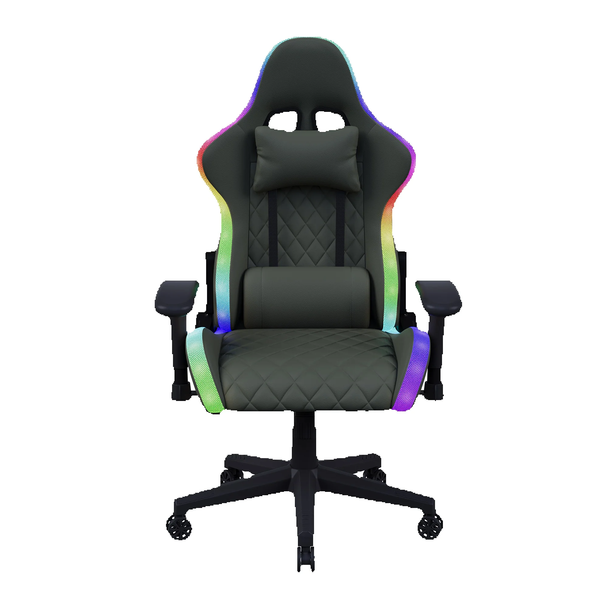 Gaming-Stuhl, Bürostuhl mit LED-RGB-Beleuchtung, drehbar, gepolstertes Sitzkissen, Kopf- und Lendenwirbelstütze, Metallgestell, schwarz