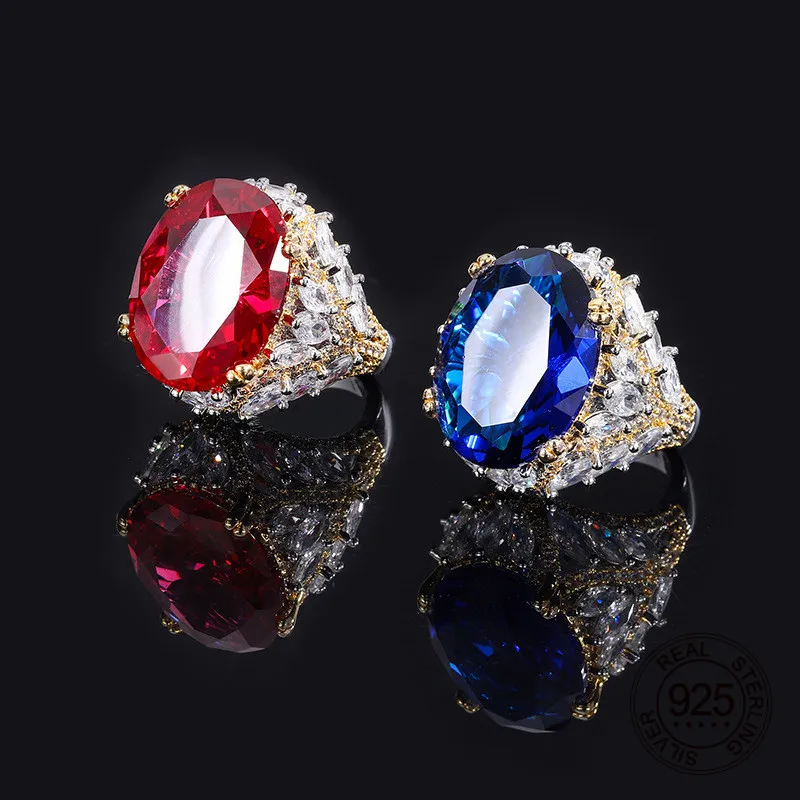 

15x20mm Oval Shape Red Ruby Blue Sapphire Cubic Zircon 925 Sterling Silver Women Ring