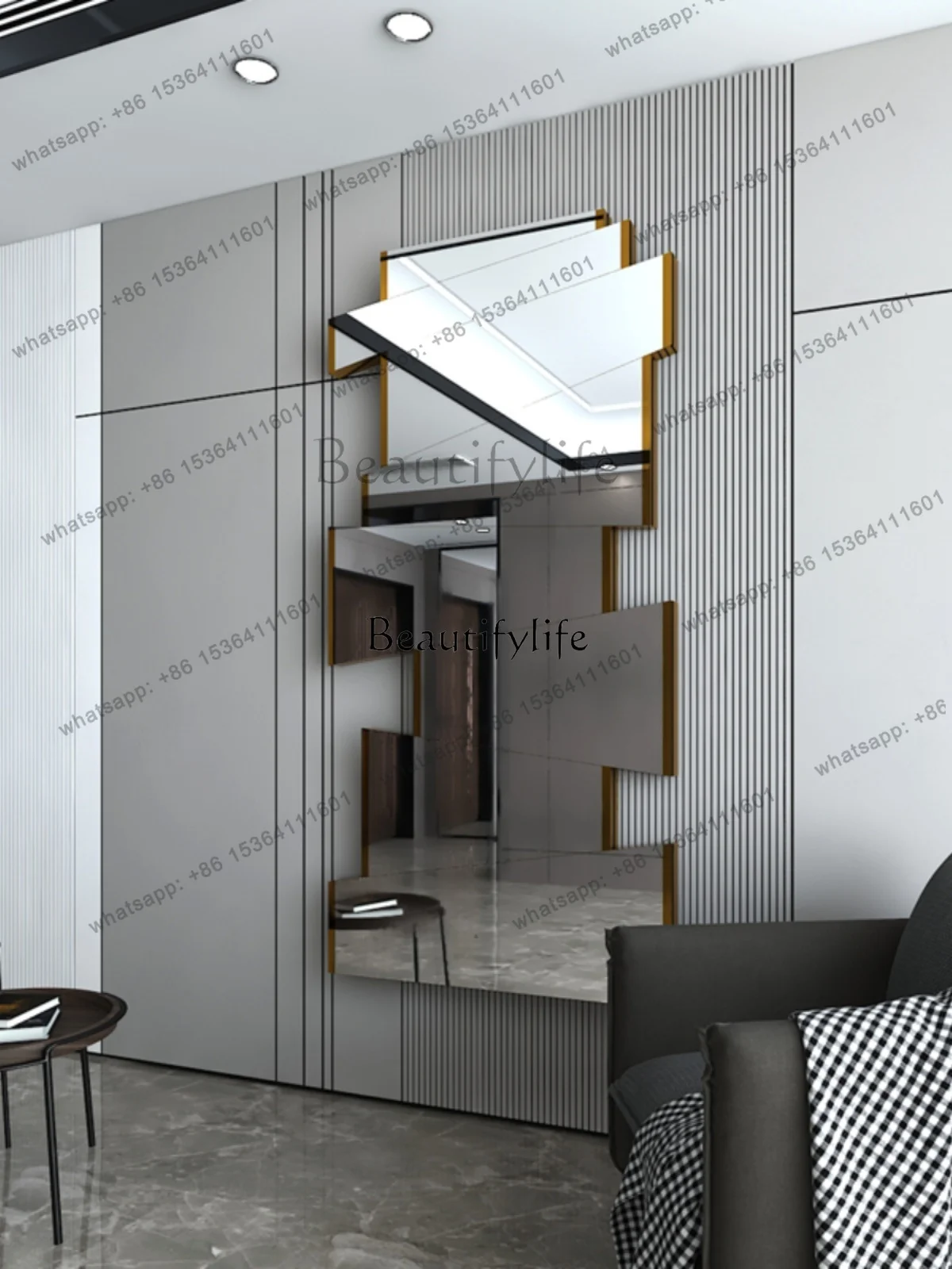 

-FGLight French dining room, living room entrance decorative mirror, light luxury fake window wall aisle full body mirror