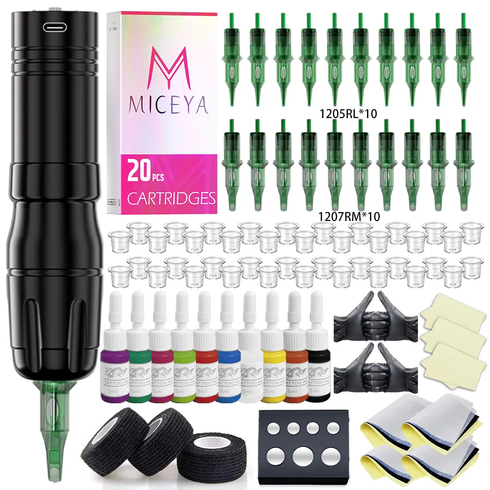 MICEYA Rotary Tattoo Pen 1800mAh Battery Wireless Tattoo Machine Kit With Mixed Cartridge Needles Tattoo Beginner Tattoo Pen Kit