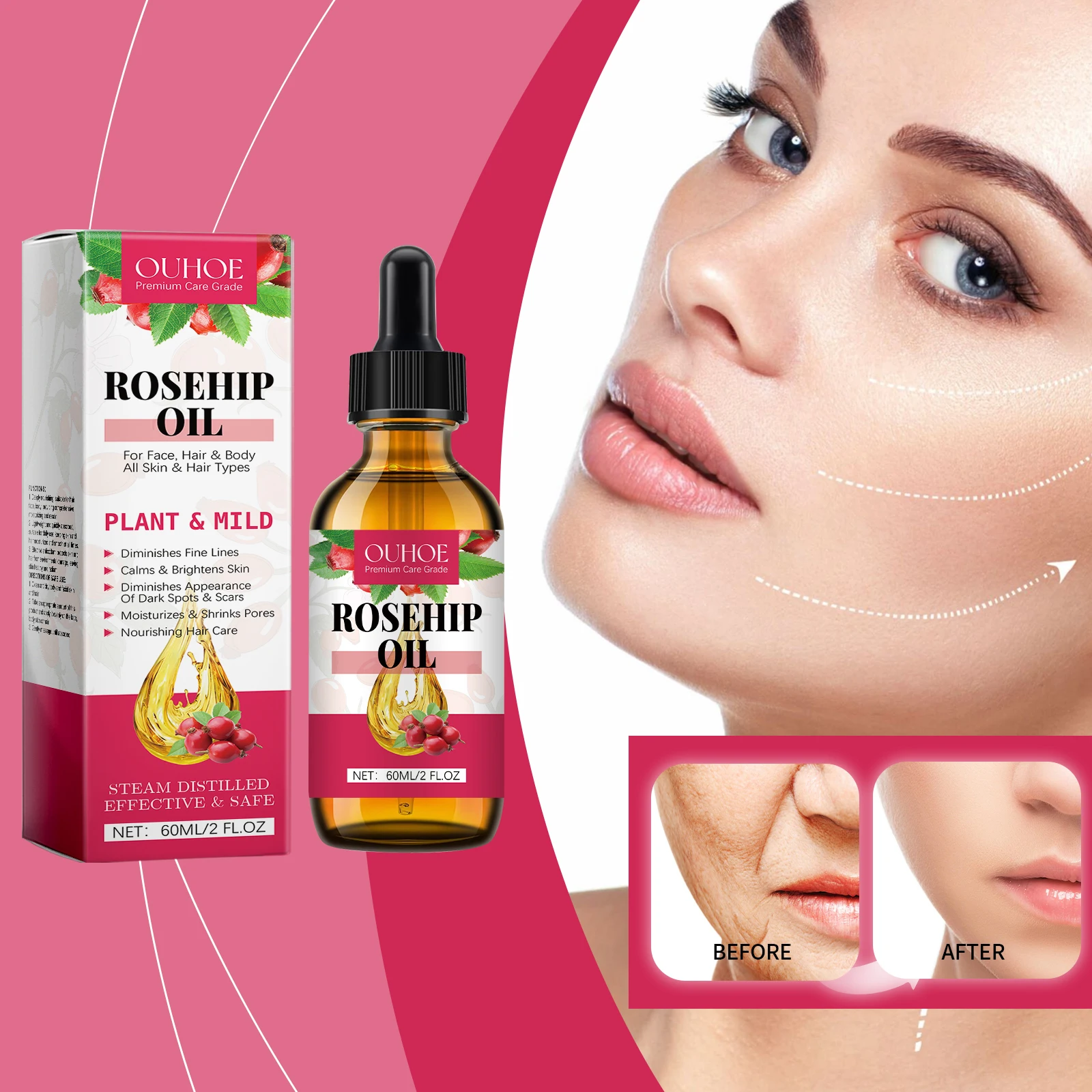Aceite facial de rosa mosqueta, aceite seco ligero con ácido hialurónico, vitamina E, suero de absorción rápida de 60ml para piel deshidratada, comedógeno