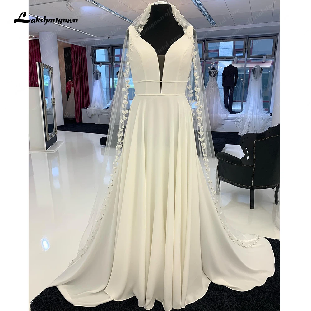 

Lakshmigown Simple Crepe Satin V Neck A Line Wedding Dress Customized Garden Country Bridal Gown robe soirée mariage