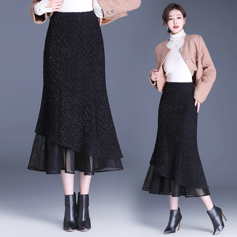 

Spring 2025 High Waist Fi Tail Skirt Sequin Me Paneling Women's Mid-Calf Slimming Skirts Korean Sle Commute Design