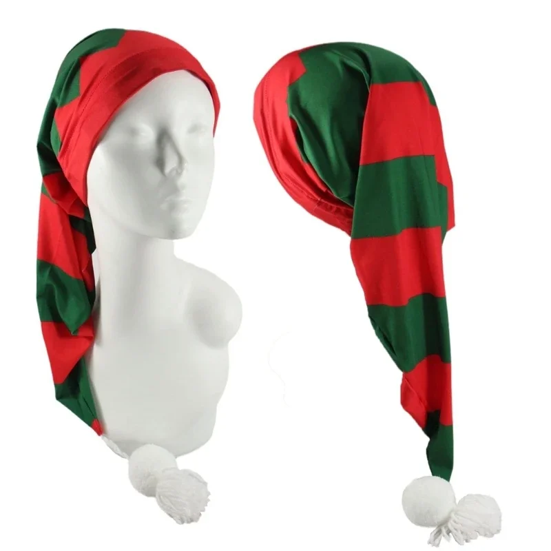 Men Women Cotton Christmas Santa HatsLong Tails Red Green Striped Elf Hat for Festival Party Headgears Cosplay Props