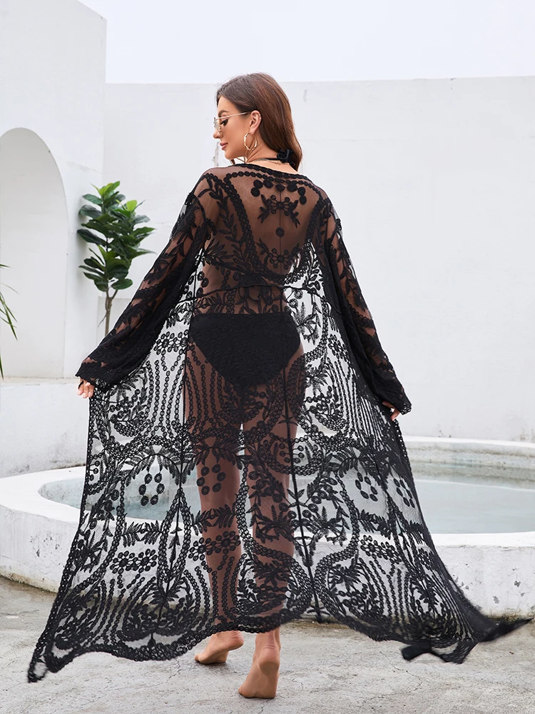 Women Swimsuit Crochet Beach Cover Up dress Sleeve Kaftan Beach Tunic Long Pareos Bikinis Cover ups Summer Robe Plage Beachwear