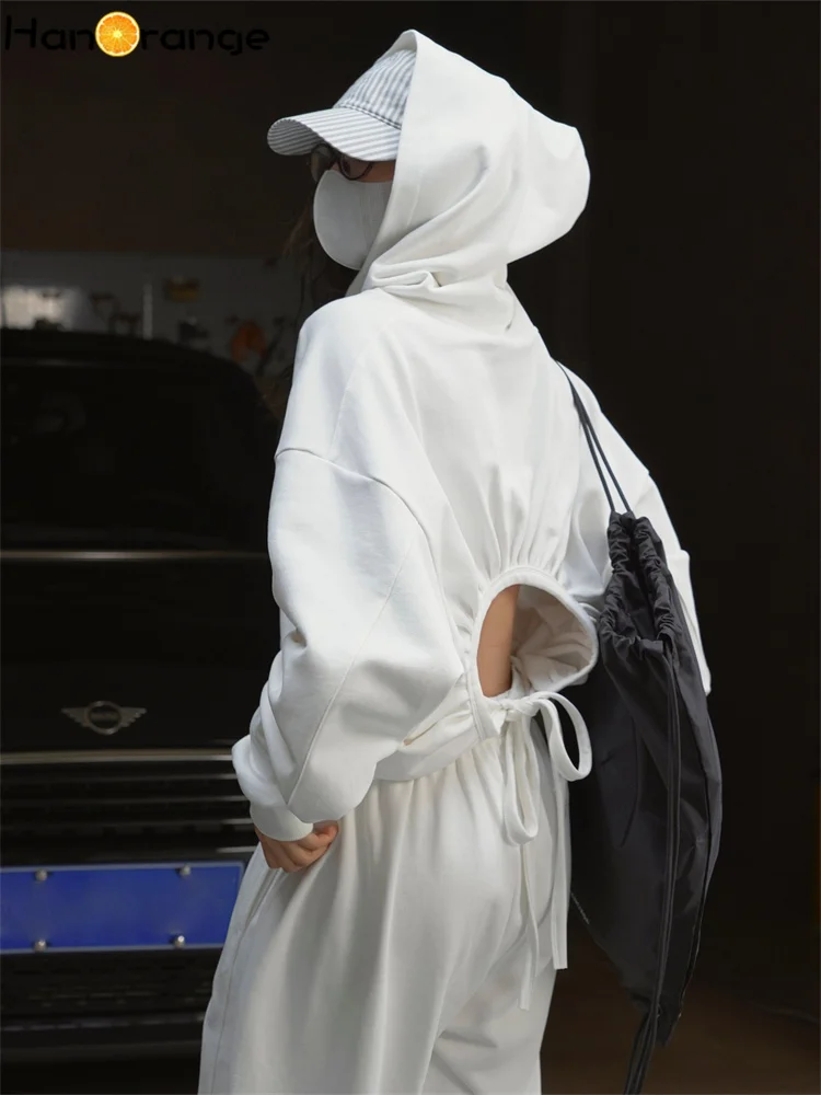 HanOrange 2025 Spring Simple Back Hollow Short Hoodies Women Loose Strap Casual Hooded Top Active Black/White