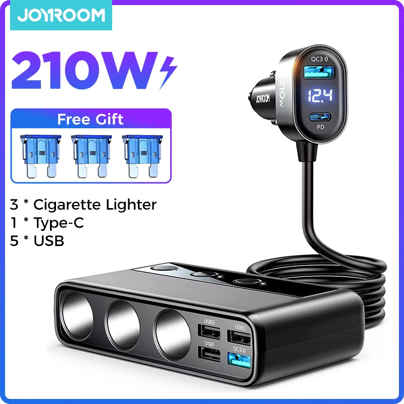Joyroom 210W Car Charger Adapter 9 in 1 Fast Power Adapter Lighter Splitter Charge Independent Switches DC Cigarette Outlet