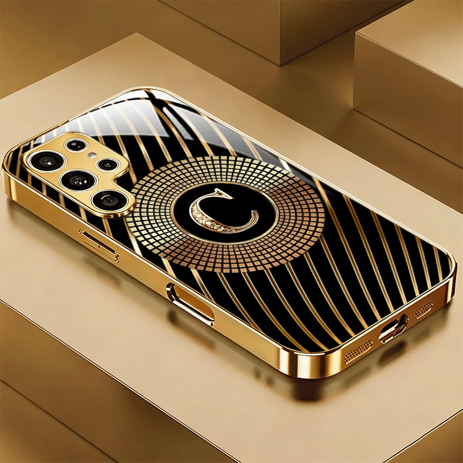 Gold-striped letter C Electroplated Glass TPU PhoneCase for Samsung Galaxy S26 S25 S24 S23 S22 S21 FE,Ultra,Plus Dropresistant