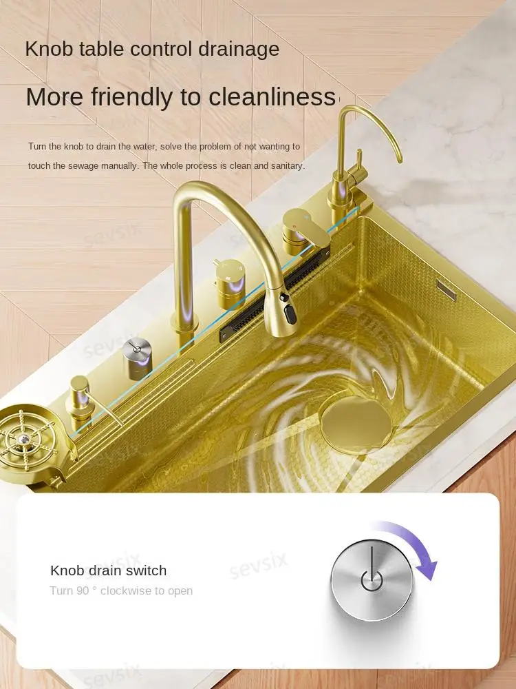 fregaderos de cocina Gold golden 5mm Waterfall Kitchen Sink Honeycomb Technology Large Digitial Display Stainless Steel Sink