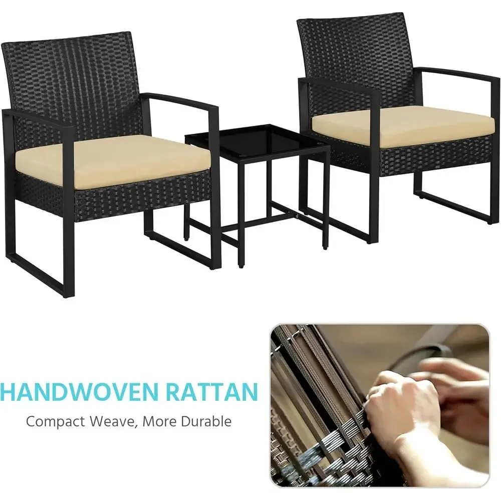 3 Pieces Rattan Bistro Set, Indoor/Outdoor Wicker Patio ern Contion urniture, 2 Chairs & Tempered Glass Coee Table or Garden, Ba view 4