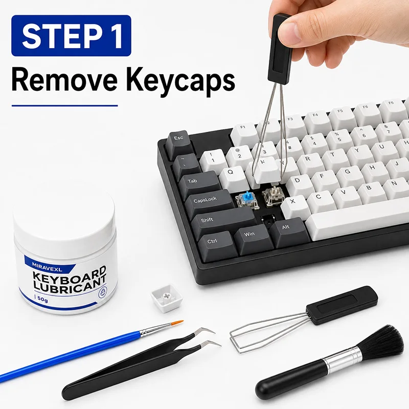 MIRAVEXL Keyboard Lube Kit 50g, Eliminates Clacky Sound, Smooth & Quiet Switches for Gaming, with Brush, Tweezers & Puller