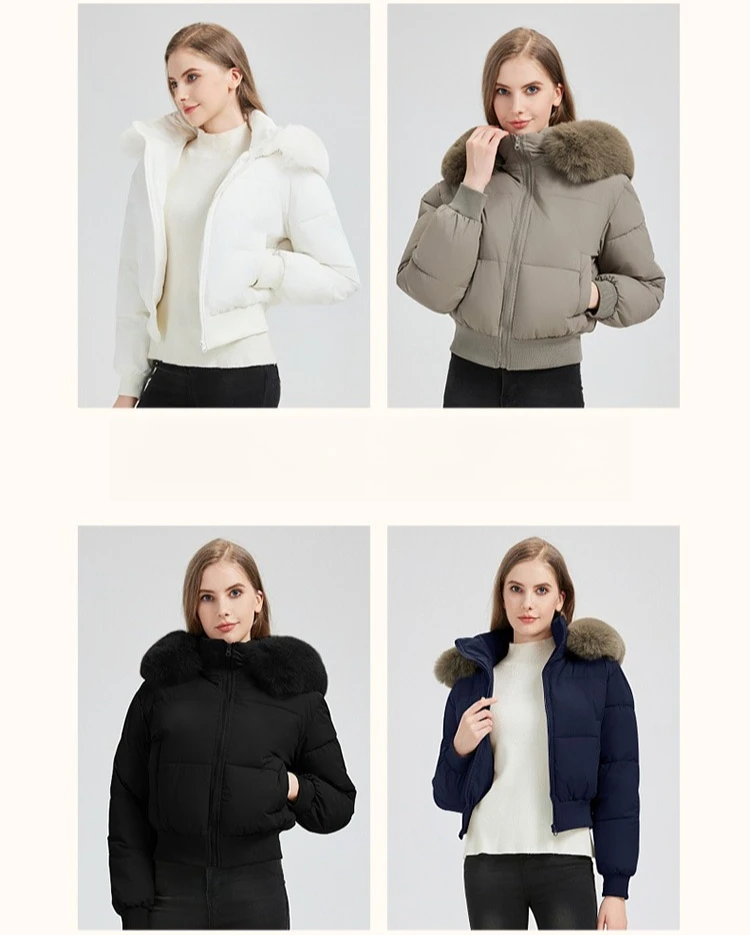 2026 Thicken Short Women's Winter Jacket Korean Style Down Cotton Coat Casual Warm Fur Hooded Cropped Parkas Chic Streetwear
