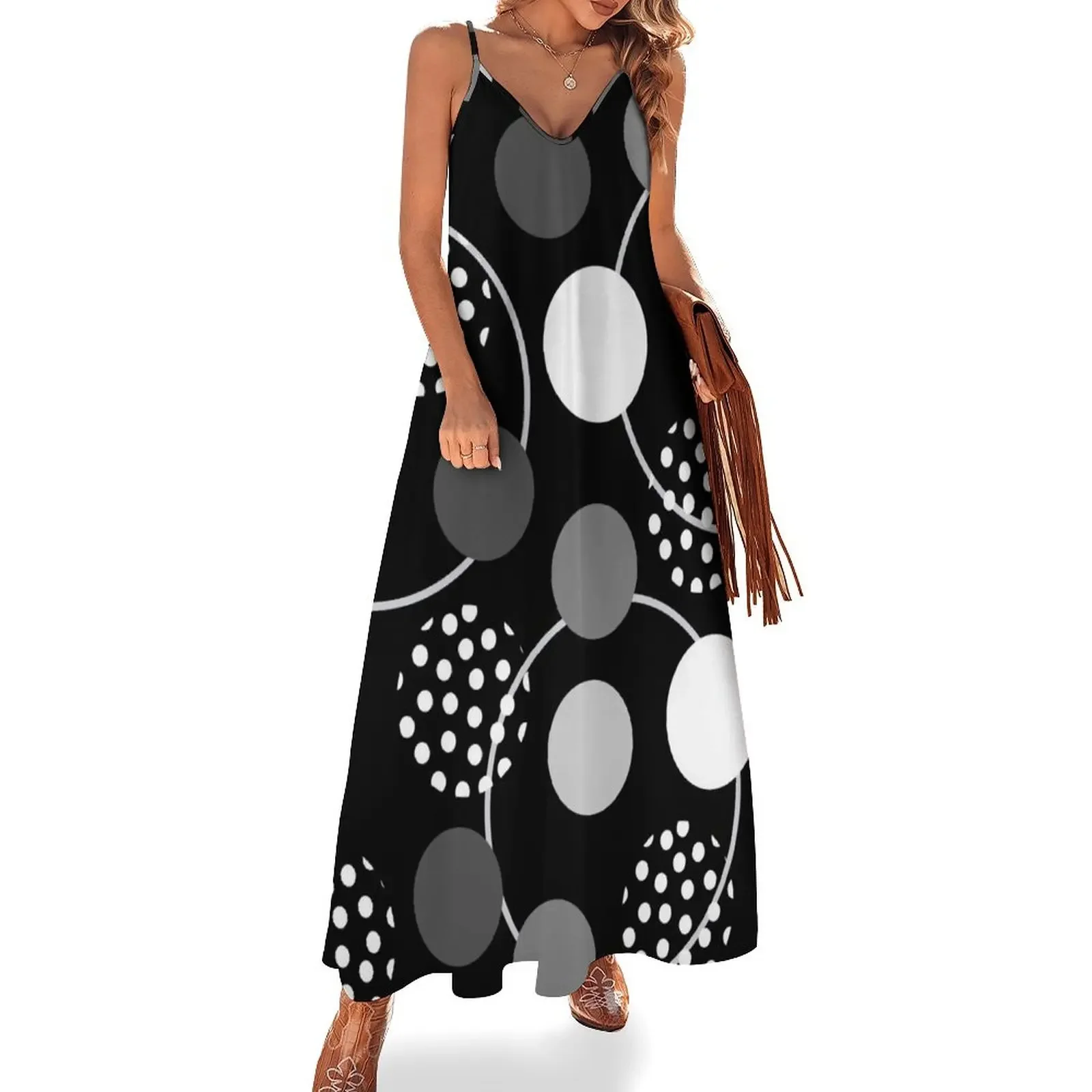 

Grey and White Polka Dots, on Black with White Circles and Dots Sleeveless Dress summer women's dress 2025
