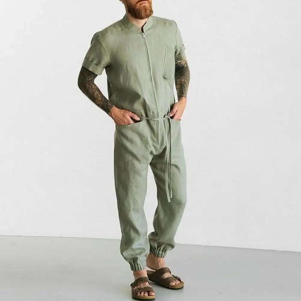 Men Jumpsuit Solid Color Short Sleeves Patch Pocket Zipper Fly Stand Collar Summer Romper One-piece Casual Overalls Trousers