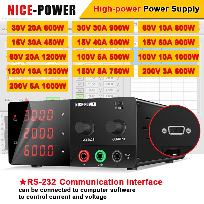 

1000W Lab DC Power Supply RS232 Port Voltage Stabilizer High-Power Adjustable Source 30V 30A Switch Regulator for Factory Test