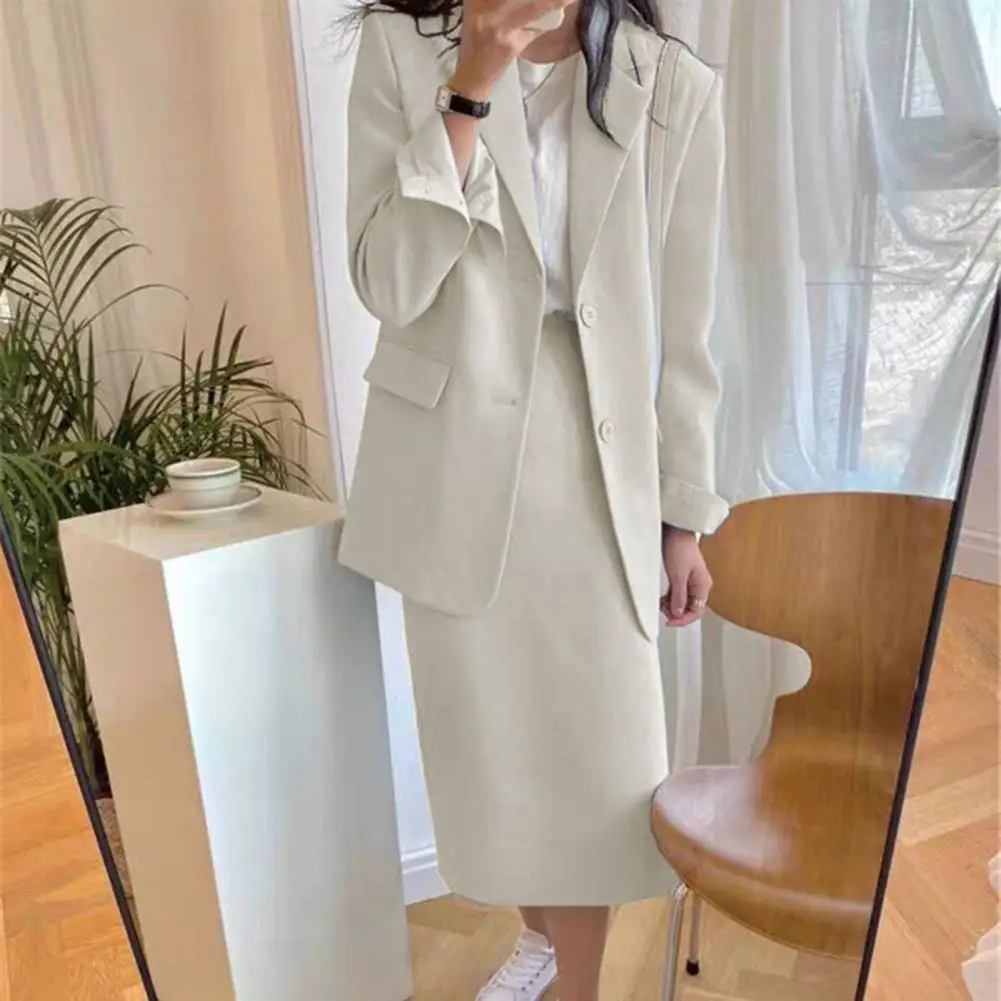 Long-sleeve Coat Skirt Set Elegant Women's Office Suit Set with Lapel Coat High Waist Midi Skirt Professional for Office