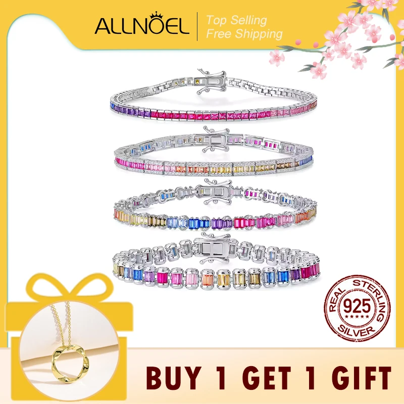 

ALLNOEL Solid 925 Sterling Sliver Tennis Bracelet For Women Colorful Zircon Inlaid Rainbow CZ Party Fine Jewelry Wholesale