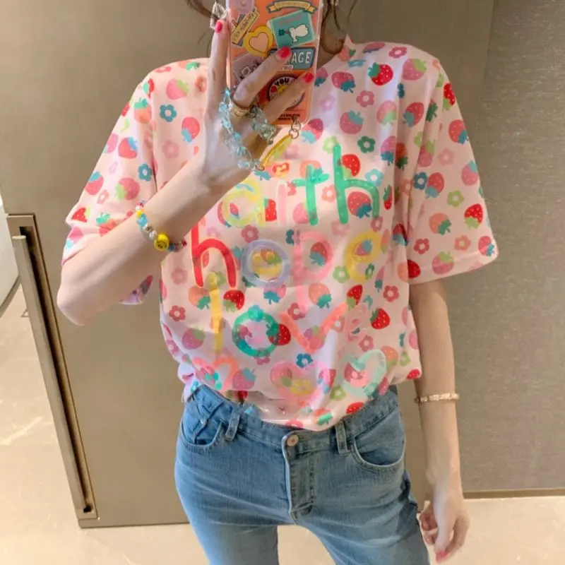 2024 New Cute Printing O-neck Tops Ladies Letter T-Shirts Fashion Short Sleeve Pullovers Summer Trend Straight Women\'s Clothing