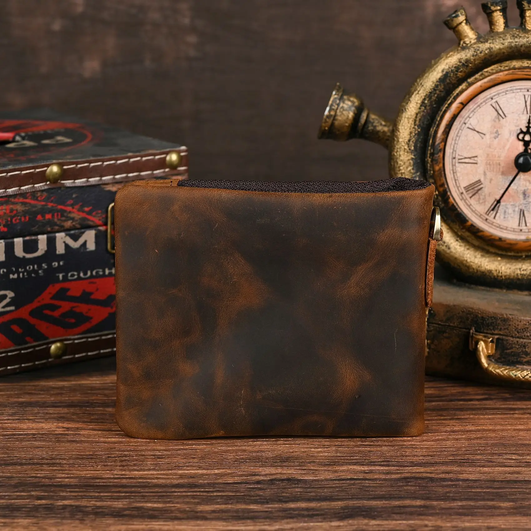 YETTIES Herren-Pull-Up-Geldbörse aus genarbtem Leder, kurzer Bifold-Reißverschluss mit abnehmbarer Kette, praktische Retro-Clutch für Herren – Detail 23