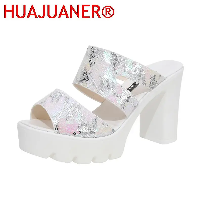 

Plus Size 35-40 Block Size Platform Slippers Women Shoes 2026 Summer High Heels Slides Ladies Star Bling Slippers Wedding Shoes