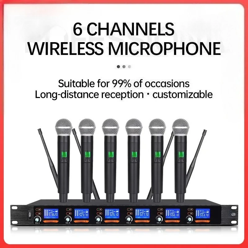Professional UHF Wireless Microphone 6 Channel Handheld Lavalier Headset Mic Apply to Karaoke Church School Lecture Stage 80M