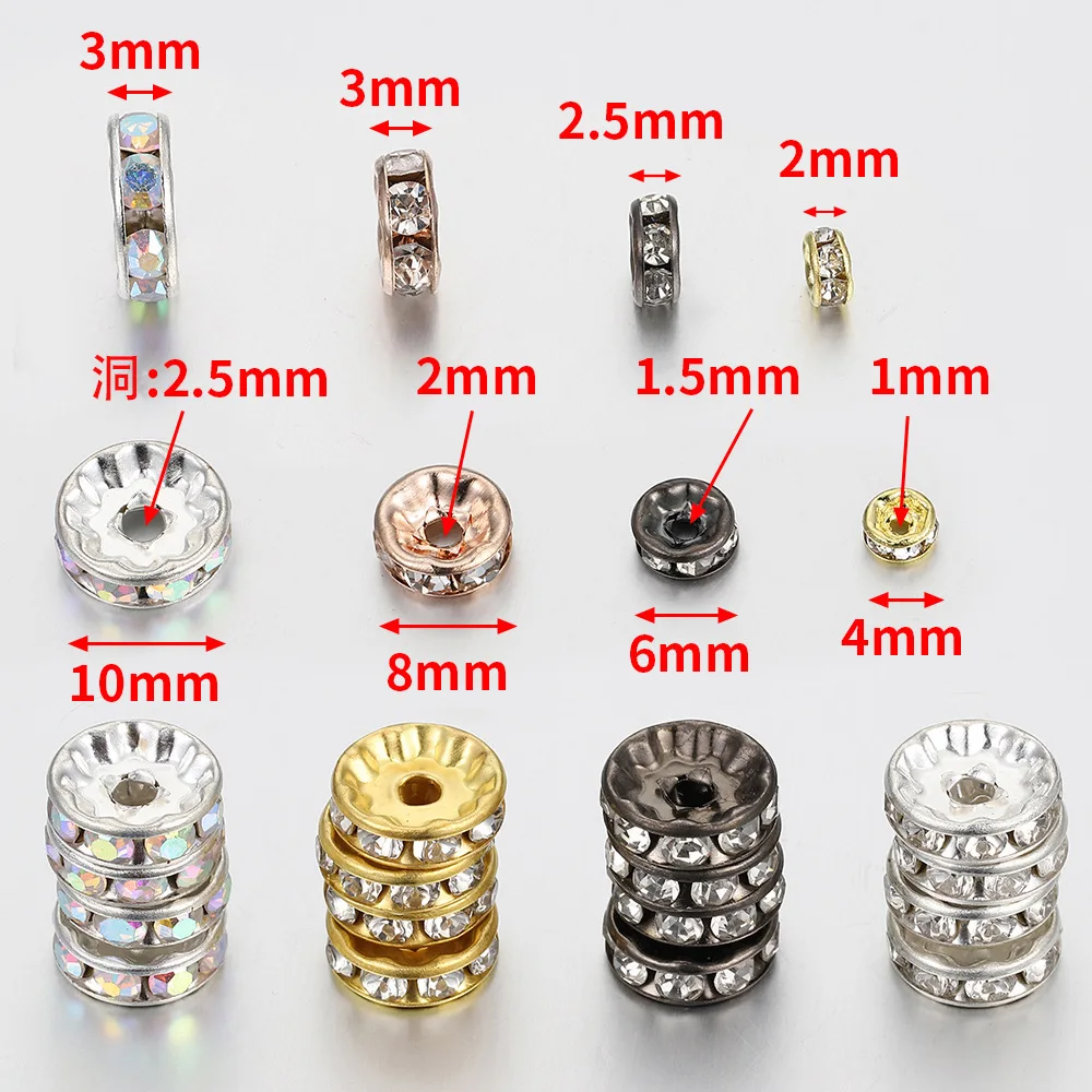 loose beads 4 6 8 10mm Metal Loose Rhinestone Spacer Beads Rondelles Crystal Bead For DIY Jewelry Making Supplies Accessories