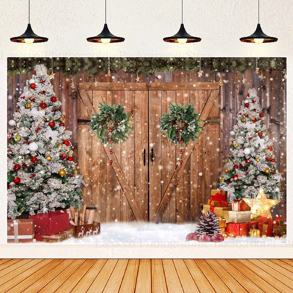 Christmas Shabby Red Barn Door Background Snowflake Wooden Door Wreath Christmas Tree Xmas Home Party Photocall Backdrop