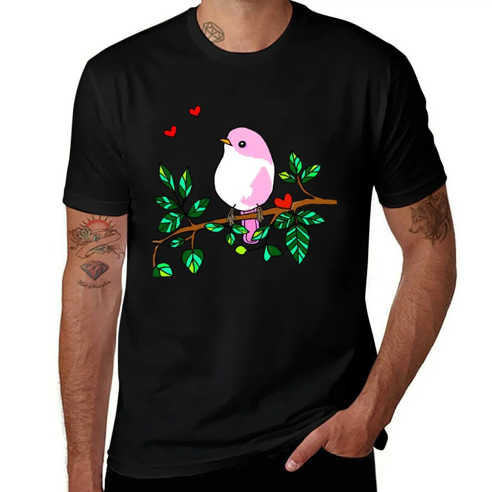 

Cute pink bird on a branch with hearts whimsical nature art T-Shirt Clothing T-shirts man mens t shirts