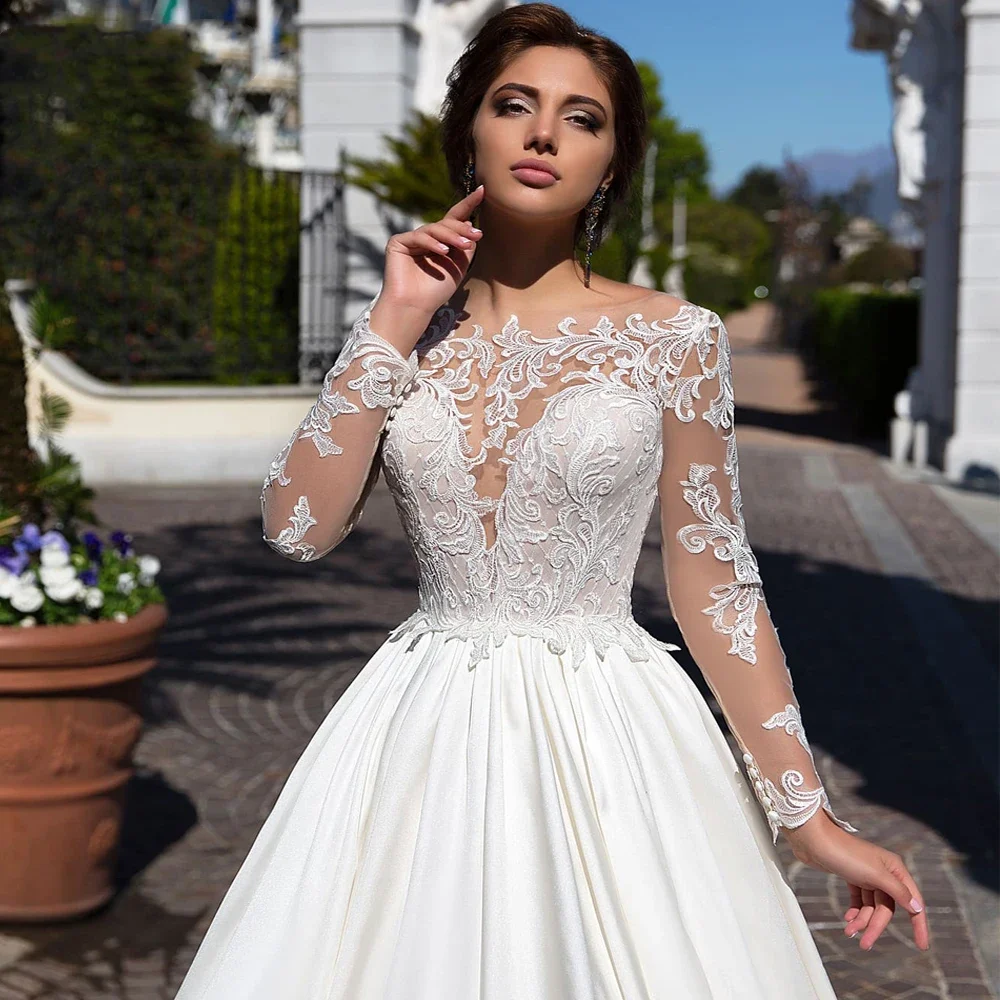 Flavinke Maßgeschneiderte A-Linie U-Ausschnitt, volle Ärmel, Satin-Brautkleider, Spitzenapplikationen, bodenlange Brautkleider, Hofschleppe