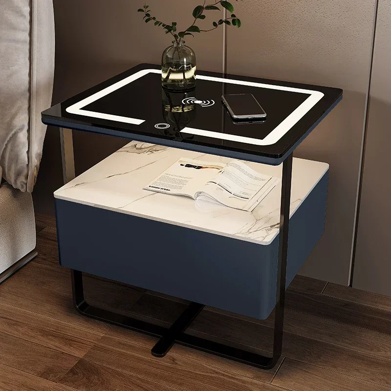 Smart Wooden Bedside Table Modern Style Bedroom Nightstands with Wireless Charging Bluetooth Speaker Home Storage Side Cabinet