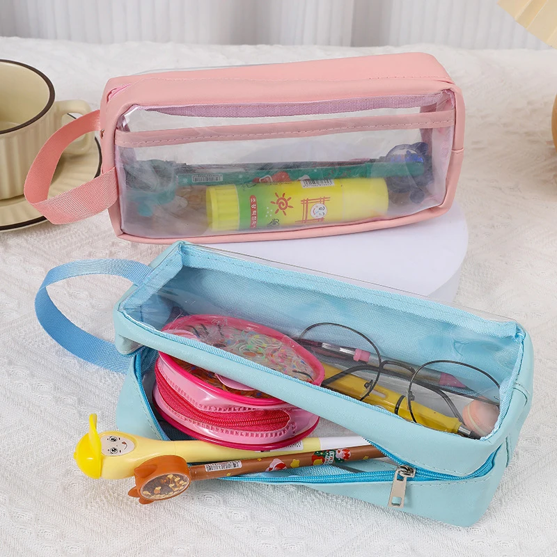 Simple Large Capacity Waterproof Pen Bag Handheld Pencil Case Student Stationery Fashion Transparent Storage Bag School Supplies