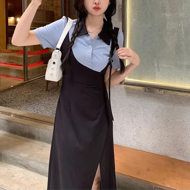 Fake Two Pieces Spliced Dresses Summer Korean Polo-Neck Button Women's Clothing Short Sleeve Waist Fashionable Split Long Dress